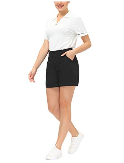 Belle Poque Women Summer Linen Shorts Elastic High Waisted Shorts with Pockets