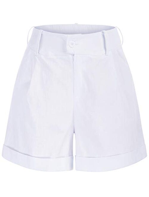 Belle Poque Women Summer Linen Shorts Elastic High Waisted Shorts with Pockets