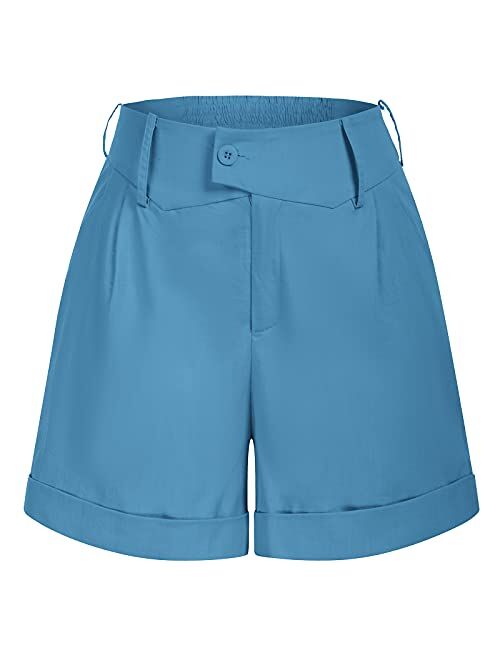 Belle Poque Women Summer Linen Shorts Elastic High Waisted Shorts with Pockets