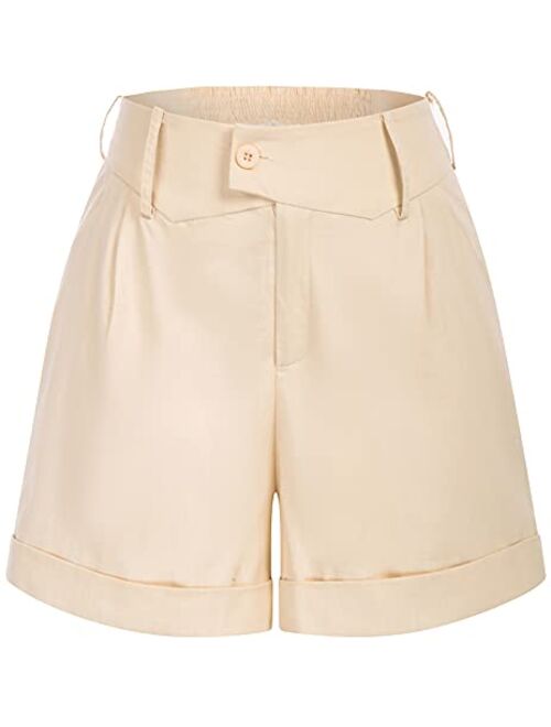 Belle Poque Women Summer Linen Shorts Elastic High Waisted Shorts with Pockets