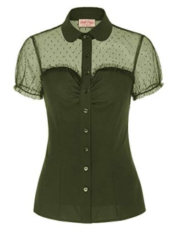 Women's Sheer 1950s Retro Vintage Shirts Polka Dots Mesh Rockabilly Blouse Tops