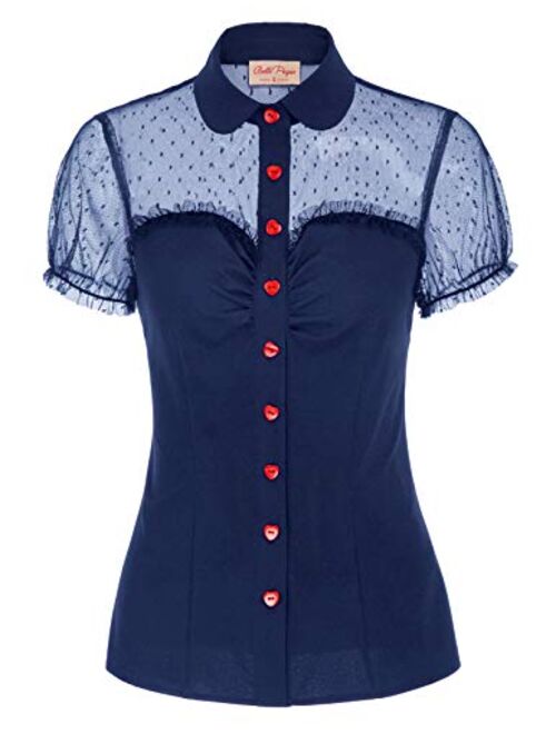 Women's Sheer 1950s Retro Vintage Shirts Polka Dots Mesh Rockabilly Blouse Tops