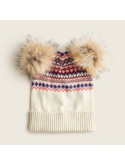 Girls' double pom-pom beanie in Fair Isle