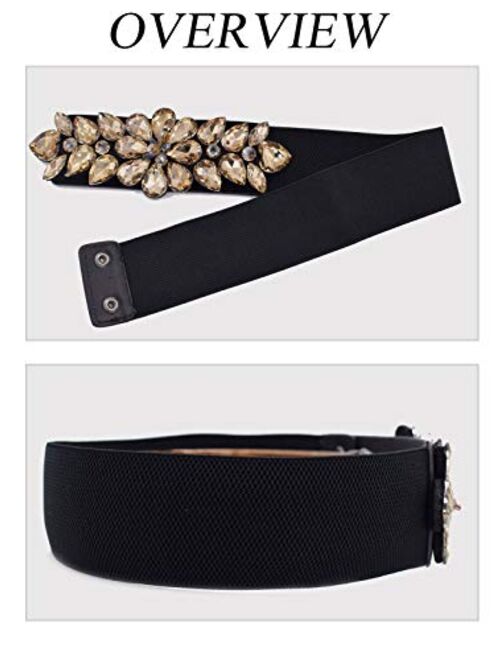 TeeYee Women Girls Waist Belt Big Rhinestone Studded Buckle Adjustable Elastic Stretched