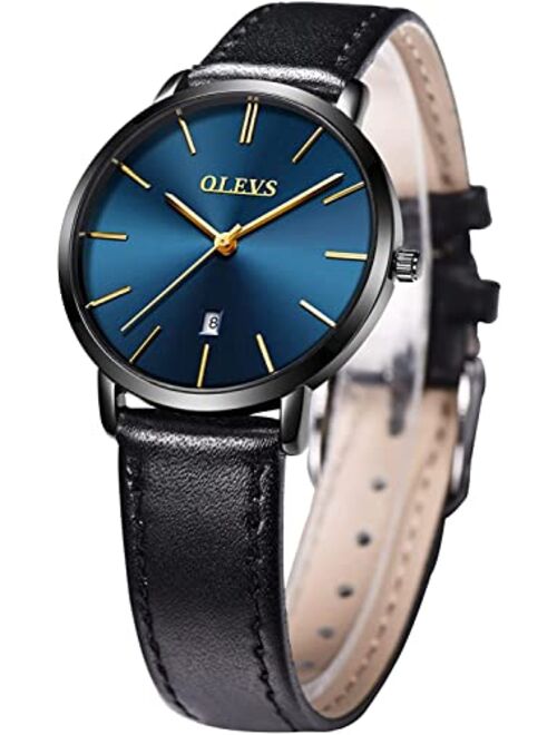 OLEVS Women's Watches for Ladies Female Wrist Watch Leather Band Waterproof Thin Minimalist Casual Simple Dress Quartz Analog with Date Calendar