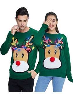 Idgreatim Women Men LED Ugly Christmas Sweaters Funny Pullover Long Sleeve Knitted Xmas Sweater Jumper S-XXL