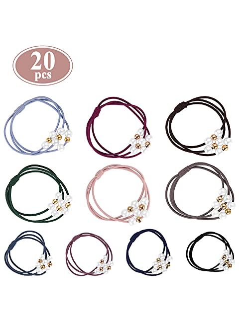 Funtopia 20 Pcs Pearl Hair Ties 10 Colors Hair Ring with Beads Hair Bands Ropes Hair Elastic Bracelet Ponytail Holder Korean Hair Accessories for Women and Girls