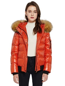 Women's Thickened Winter Bubble Down Coat Shiny Puffer Jacket with Fur Hood