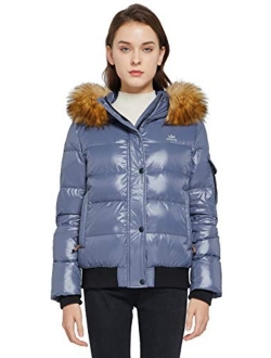 Women's Thickened Winter Bubble Down Coat Shiny Puffer Jacket with Fur Hood