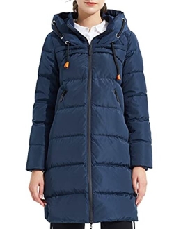 Women's Thickened Contrast Color Drawstring Down Jacket Hooded Parka Long Puffer Coat