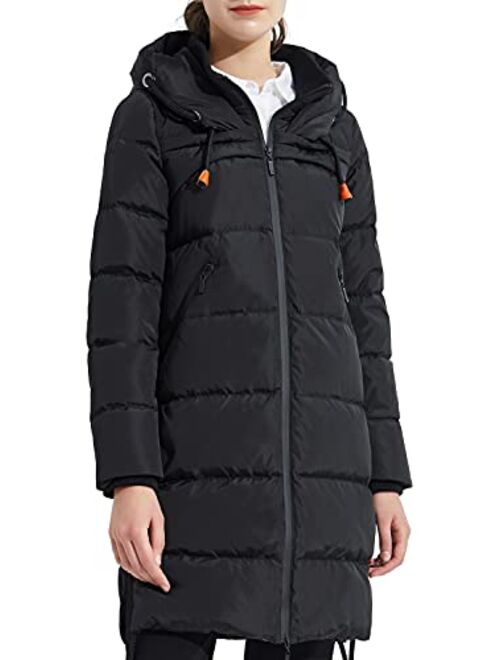 Orolay Women's Thickened Contrast Color Drawstring Down Jacket Hooded Parka Long Puffer Coat