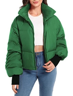 Oroaly Womens Winter Oversized Short Down Jacket Crop Zip Puffer Coat