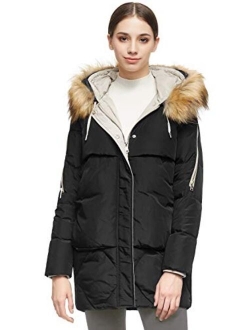 Women's Thickened Mid-Length Down Jacket with Removable Fur Hood Large Pockets