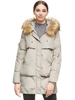 Women's Thickened Mid-Length Down Jacket with Removable Fur Hood Large Pockets