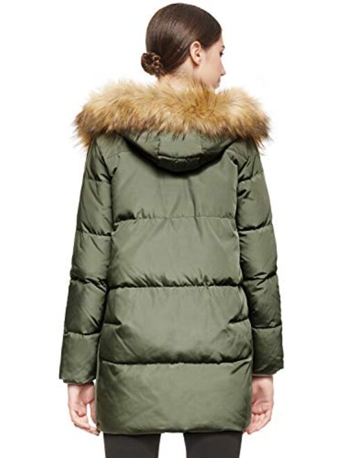 Orolay Women's Thickened Mid-Length Down Jacket with Removable Fur Hood Large Pockets