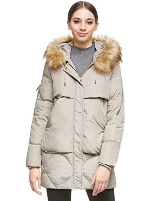 Orolay Women's Thickened Mid-Length Down Jacket with Removable Fur Hood Large Pockets