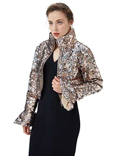 Orolay Women's Ultra Short Shiny Down Coat Sequin Fashion Petite Jacket with Stand Collar