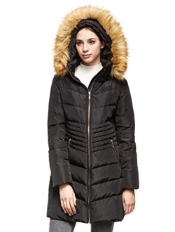 Women's Light Winter Down Coat Diamond Quilted Puffer Jacket with Fur Hood