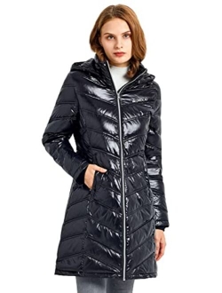 Women's Packable Down Jacket Light Winter Coat Contrast Hooded Puffer Jacket