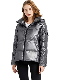 Women's Winter Down Coat Metallic Hooded Puffer Jacket