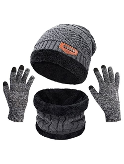 MAYLISACC Winter Knit Beanie Hat Neck Warmer Scarf and Touch Screen Gloves Set 3 Pcs Fleece Lined Skull Cap for Men Women