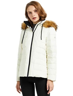 Women's Winter Down Coat Inner Pocket Snap Puffer Jacket with Fur Hood