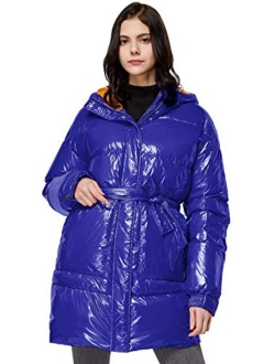 Women's Warm Winter Belted Down Coats with Stand Collar Thick Hood