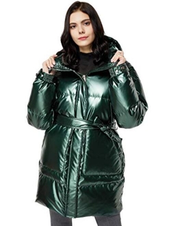 Women's Warm Winter Belted Down Coats with Stand Collar Thick Hood