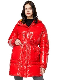 Women's Warm Winter Belted Down Coats with Stand Collar Thick Hood