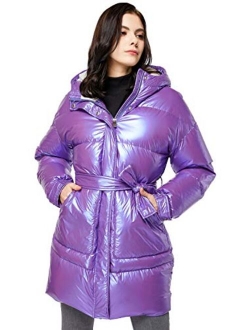 Women's Warm Winter Belted Down Coats with Stand Collar Thick Hood