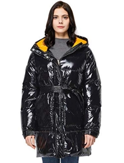 Women's Warm Winter Belted Down Coats with Stand Collar Thick Hood