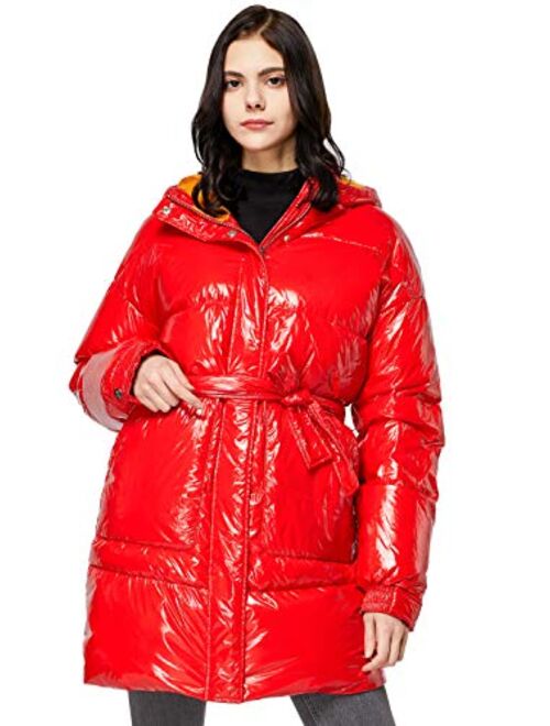 Orolay Women's Warm Winter Belted Down Coats with Stand Collar Thick Hood