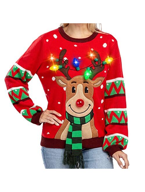 Womens LED Light Up Reindeer Ugly Christmas Sweater Built-in Light Bulbs