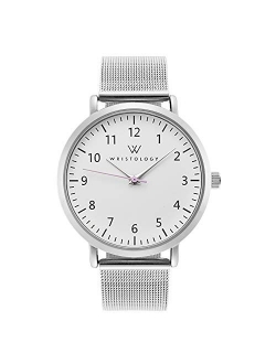 WRISTOLOGY Olivia Womens Numbers Large Face Easy to Read Analog Watch with Second Hand - Metal Mesh Band - for Nurses Teachers Seniors