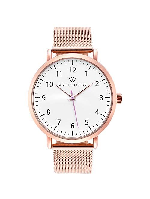 WRISTOLOGY Olivia Womens Numbers Large Face Easy to Read Analog Watch with Second Hand - Metal Mesh Band - for Nurses Teachers Seniors