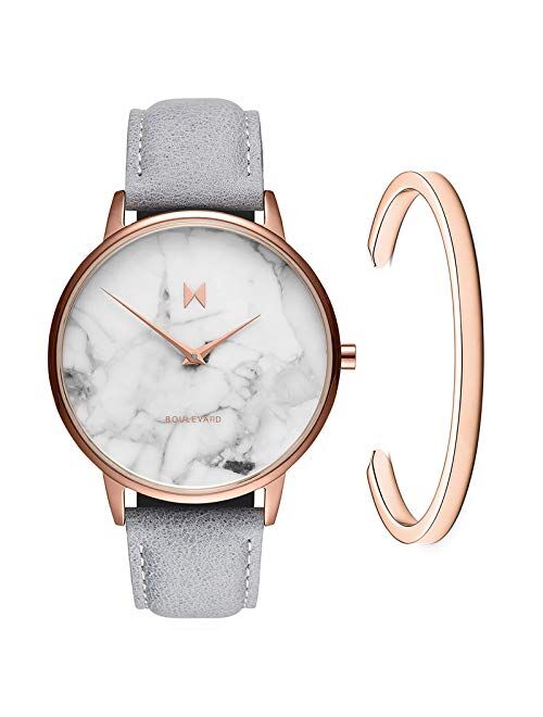 MVMT Boulevard Gift Set | 38MM Women's Analog Watch |Grey Leather Watch & Rose Gold Bracelet