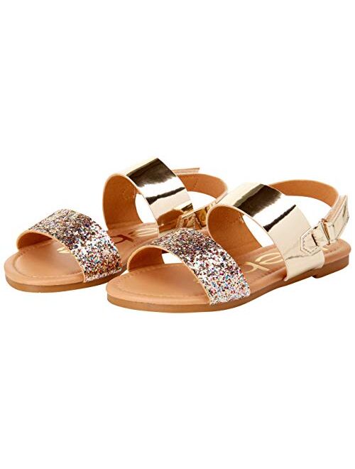 bebe Girls’ Sandal – Two Strapped Open Toe Glitter Leatherette Sandals with Heel Strap (Toddler/Little Kid)