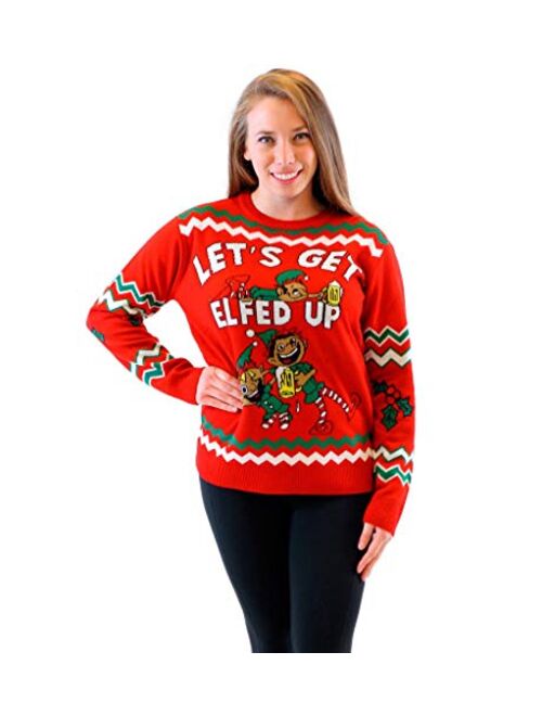 Let's Get Elfed Up Drunken Elves Adult Red Ugly Christmas Sweater