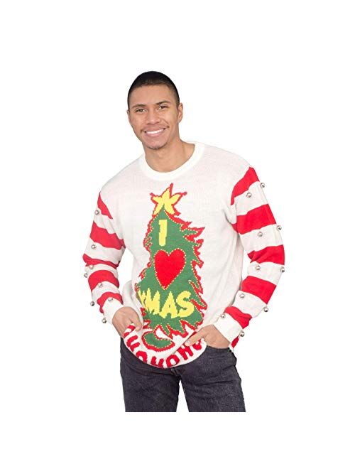 I Love Xmas HOHOHO Light Up (LED) and Bells on Sleeve Ugly Christmas Sweater