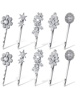 10 Pieces Crystal Hair Pin Vintage Rhinestone Bobby Pin Tone Hair Pins Star Hair Barrette Flower Leaf Feather Sunflower Hair Clips Metal Hair Accessories for Women Girls 