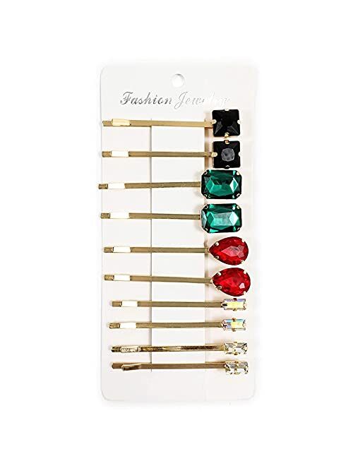 Decorative Jeweled Bobby Pins with Rhinestone Gems for Women's Hair (10 Pack)