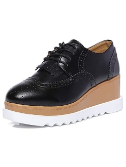 Women's Fashion Tassels Square-Toe Lace-up Platform Wedge Oxford Shoes