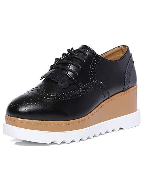 DADAWEN Women's Fashion Tassels Square-Toe Lace-up Platform Wedge Oxford Shoes