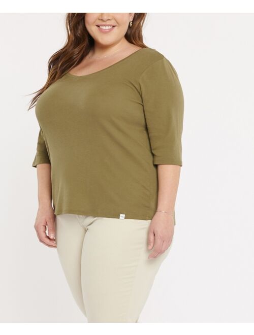 Nydj Plus Size Forever Comfort Elbow Sleeve Ribbed V-Neck T-shirt