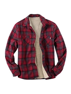 Burband Mens Long Sleeve Berber Fleece Lined Button Down Camp Flannel Shirts Brushed Cotton Thermal Sherpa Plaid Jackets