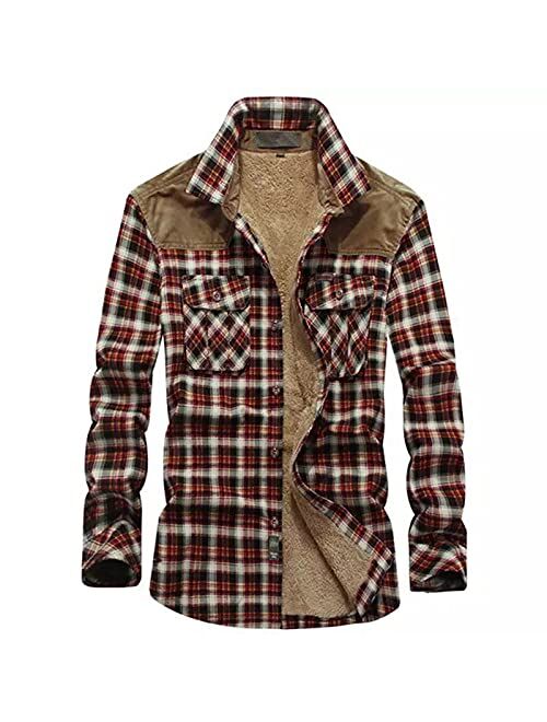 Burband Mens Long Sleeve Berber Fleece Lined Button Down Camp Flannel Shirts Brushed Cotton Thermal Sherpa Plaid Jackets