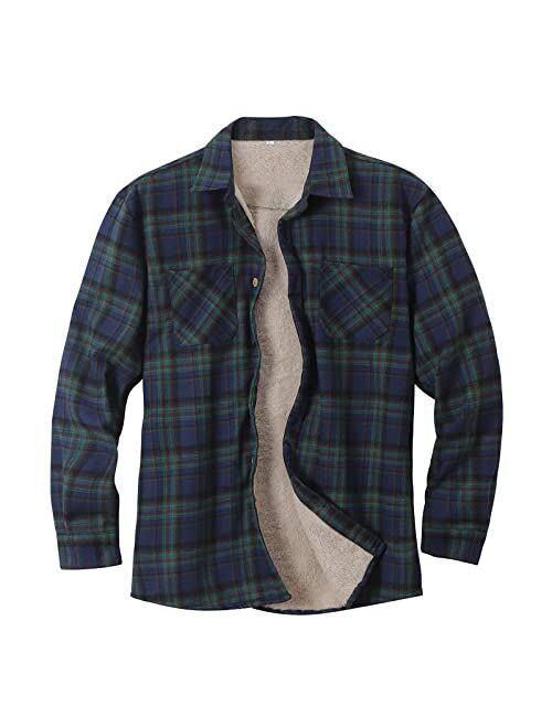 Burband Mens Long Sleeve Berber Fleece Lined Button Down Camp Flannel Shirts Brushed Cotton Thermal Sherpa Plaid Jackets