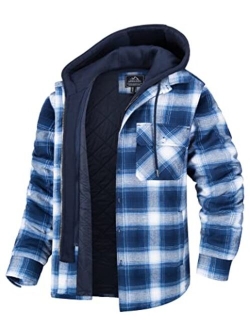 Men's Flannel Shirt Jacket with Removable Hood 5 Pockets Plaid Quilted Lined Winter Coats Thick Hoodie Outwear