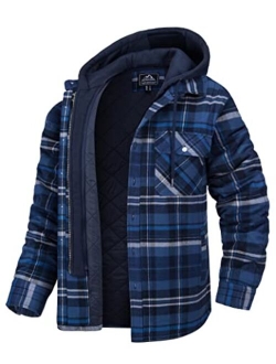 Men's Flannel Shirt Jacket with Removable Hood 5 Pockets Plaid Quilted Lined Winter Coats Thick Hoodie Outwear