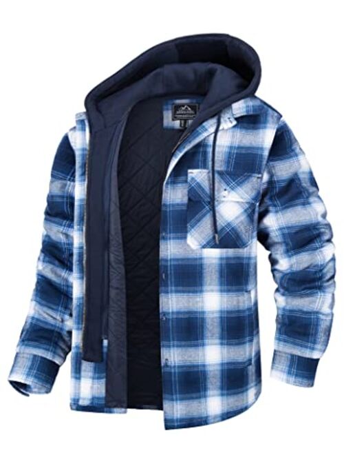 MAGCOMSEN Men's Flannel Shirt Jacket with Removable Hood 5 Pockets Plaid Quilted Lined Winter Coats Thick Hoodie Outwear